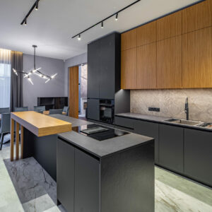 Modern, Interior, Of,Kitchen ,In,Luxury,Private, House. Grey,And
